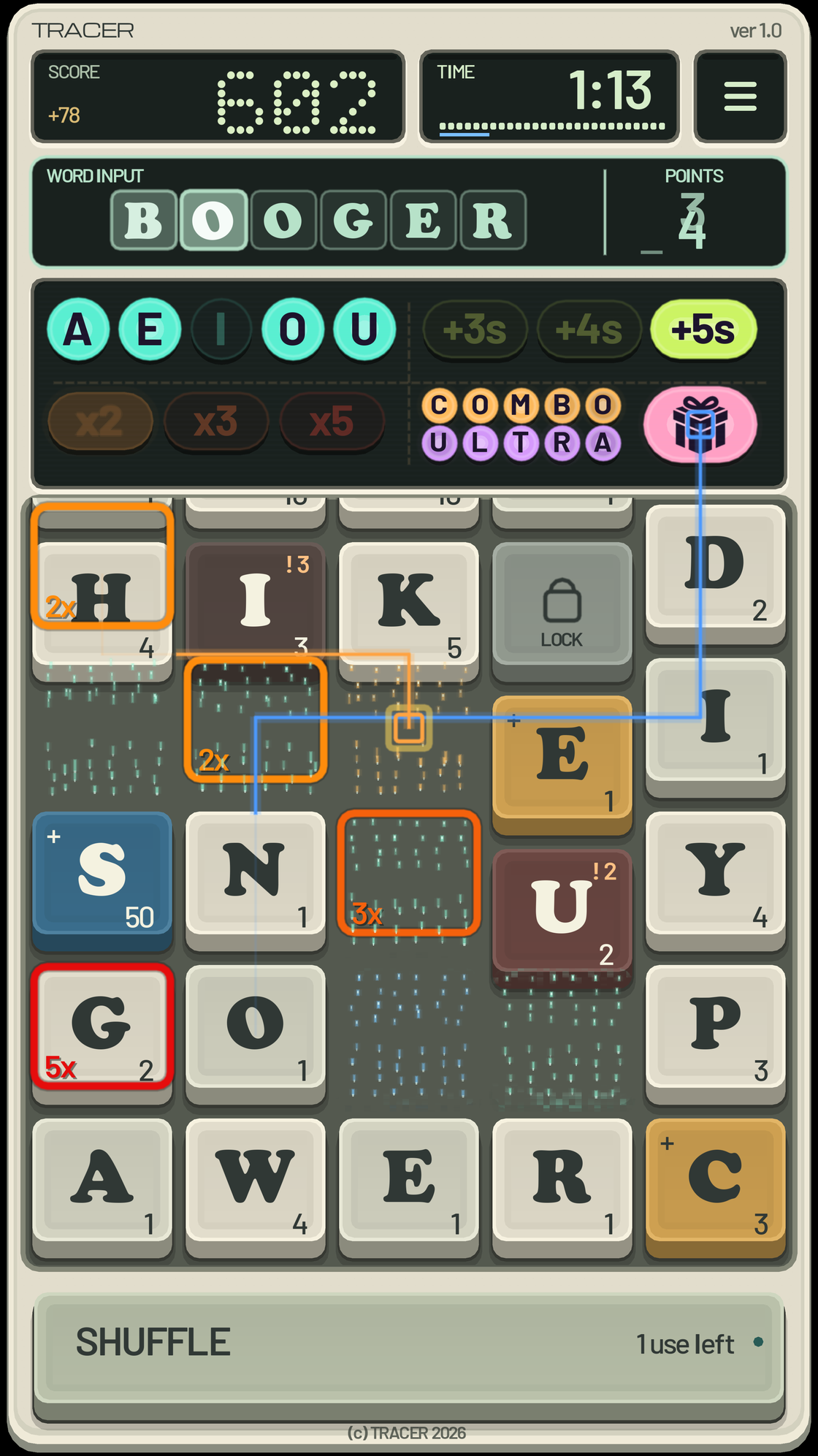 TRACER gameplay: the word BOOGER traced across a grid of letter keys inside the game's arcade cabinet, with score, timer and multiplier tiles.